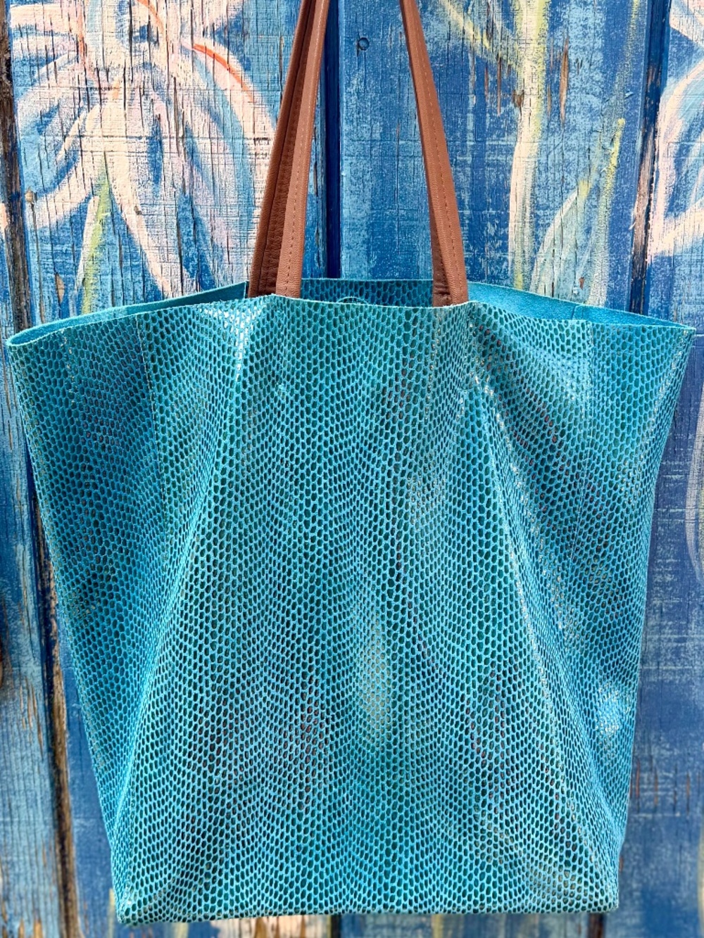 Signed SORIAL NY, “Rare Teal” Genuine Leather Tote, Embossed Python Snakeskin